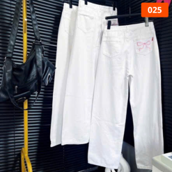Quần Suông Nữ - Quần Jeans Suông Nữ Thêu Nơ Chất Liệu Vải Dày Mềm Không Co Giãn - QG309