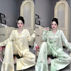 Đồ Bộ Pijama Nữ - Đồ Bộ Tay Dài Quần Dài Viền Bèo Họa Tiết Nhí Size 40-65kg - DBO5209