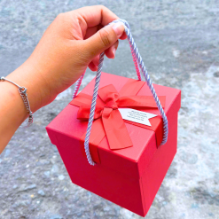 Hộp Quà Giấy Vuông Màu Đỏ Nắp Rời Có Quai Xách - Hộp Có Hoa Kim Tuyến Rơm Đèn Đom Đóm - HOPQUAGIAY02