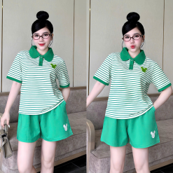 Đồ Bộ Nữ Áo Cổ Trụ Tay Ngắn Quần Đùi Họa Tiết Sọc Thêu Logo Mickey Mặc Mịn Mát Thoải Mái Size 45-62kg - DBOR0001