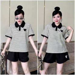 Đồ Bộ Nữ Áo Cổ Trụ Tay Ngắn Quần Đùi Họa Tiết Sọc Thêu Logo Mickey Mặc Mịn Mát Thoải Mái Size 45-62kg - DBOR0001