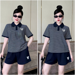 Đồ Bộ Nữ Áo Cổ Trụ Tay Ngắn Quần Đùi Họa Tiết Sọc Thêu Logo Mickey Mặc Mịn Mát Thoải Mái Size 45-62kg - DBOR0001