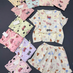 Đồ Bộ Nữ Áo Cổ Sen Tay Ngắn Quần Đùi Họa Tiết Gấu Đáng Yêu Vải Cotton Hàn Mịn Mát Size 45-62kg - DBOR0002