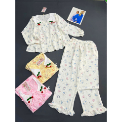 Đồ Bộ Nữ Áo Cổ Sen Tay Dài Quần Dài Họa Tiết Gấu Đáng Yêu Vải Cotton Hàn Mịn Mát Size 45-62kg - DBOR0005