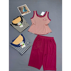 Đồ Bộ Nữ Áo Thun 3 Lỗ Quần Lửng Trơn Vải Sọc Tăm Nhí Thoáng Mát Size 45-62kg - DBOR0009