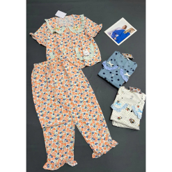Đồ Bộ Nữ Áo Cổ Sen Tay Ngắn Quần Dài Họa Tiết Đáng Yêu Vải Cotton Hàn Mịn Mát Size 45-62kg - DBOR0013