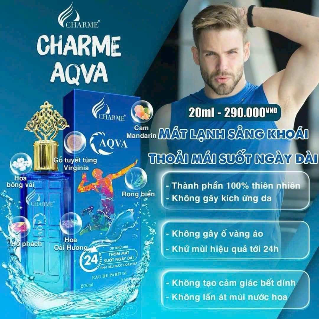 Xịt khử mùi Charme Aqva 20ml Với kết cấu hương thơm ba tầng xen kẽ nhau mang đến cảm giác sang trọng và nhẹ nhàng cho người sử dụng