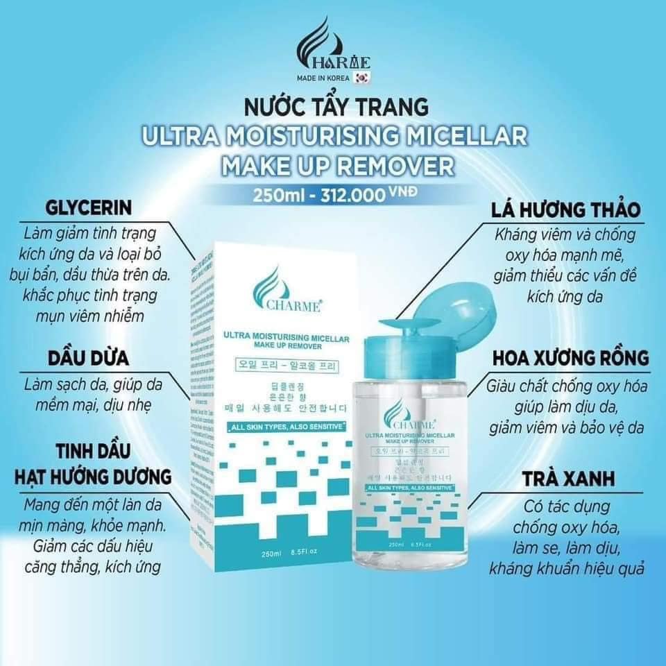 Nước Tẩy Trang Charme Ultra Moisturising Micellar Make Up Remover 250ml Nước Tẩy Trang Charme Ultra Moisturising Micellar Make Up Remover 250ml