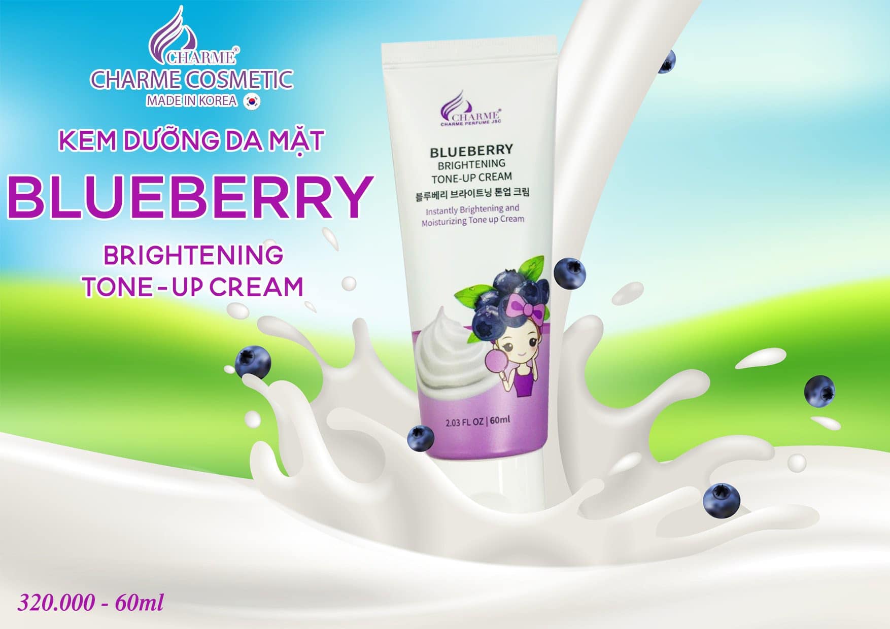 Kem Dưỡng Da Mặt Blueberry Charme Brightening Tone Up Cream siêu phẩm dưỡng nhan 10 điểm cho chất lượng
