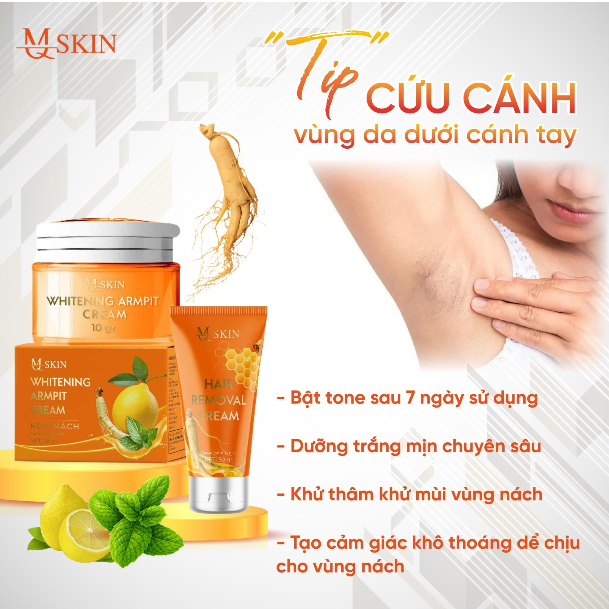 Combo Kem Tẩy Lông + Kem Thâm Nách MQ Skin Sâm Chanh Mật Combo Kem Tẩy Lông + Kem Thâm Nách MQ Skin Sâm Chanh Mật