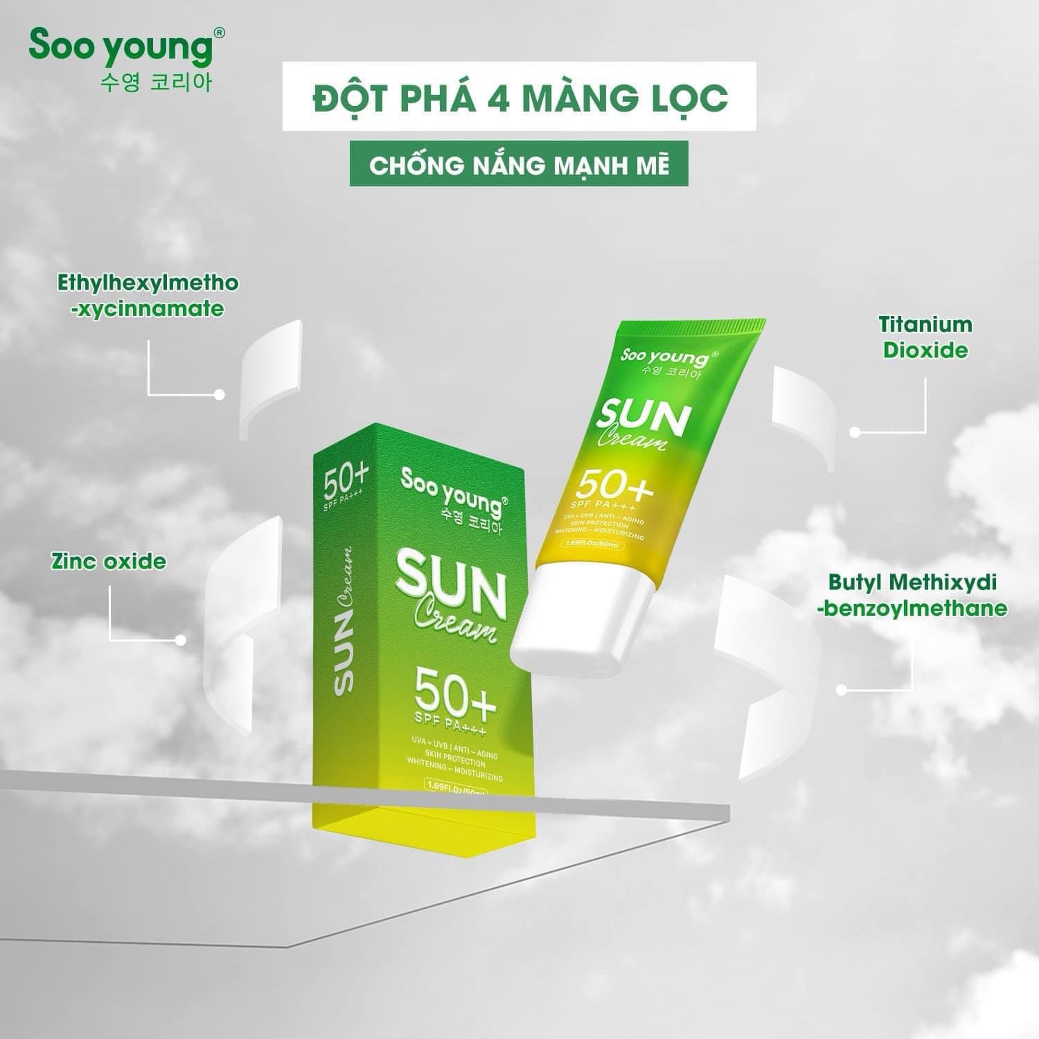 Kem Chống Nắng Lục Tảo Soo Young Chất kem dạng sữa chua mỏng mịn, Kem Chống Nắng Lục Tảo Soo Young Chất kem dạng sữa chua mỏng mịn,