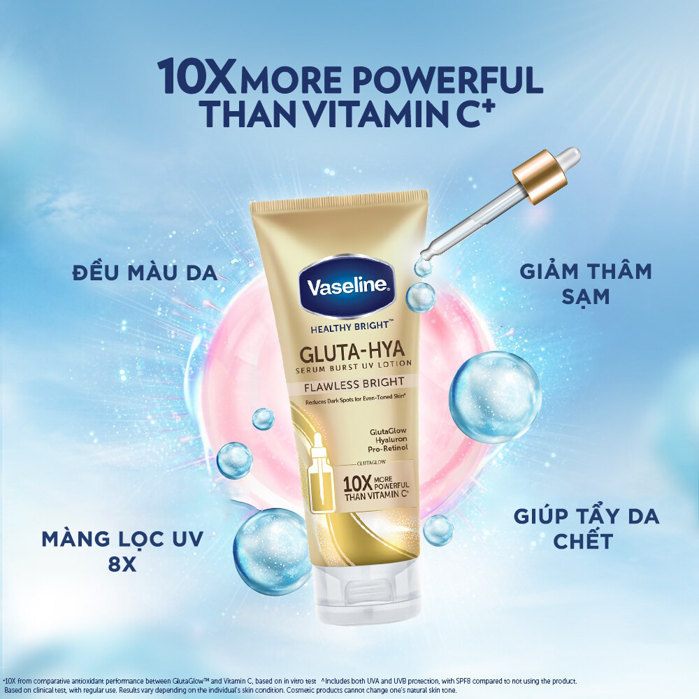 Sữa Dưỡng Thể Vaseline 10X Vàng Healthy Bright Gluta Hya Serum Flawless Glow Tốt hơn gấp 10 lần so với Vitamin C Sữa Dưỡng Thể Vaseline 10X Vàng Healthy Bright Gluta Hya Serum Flawless Glow Tốt hơn gấp 10 lần so với Vitamin C