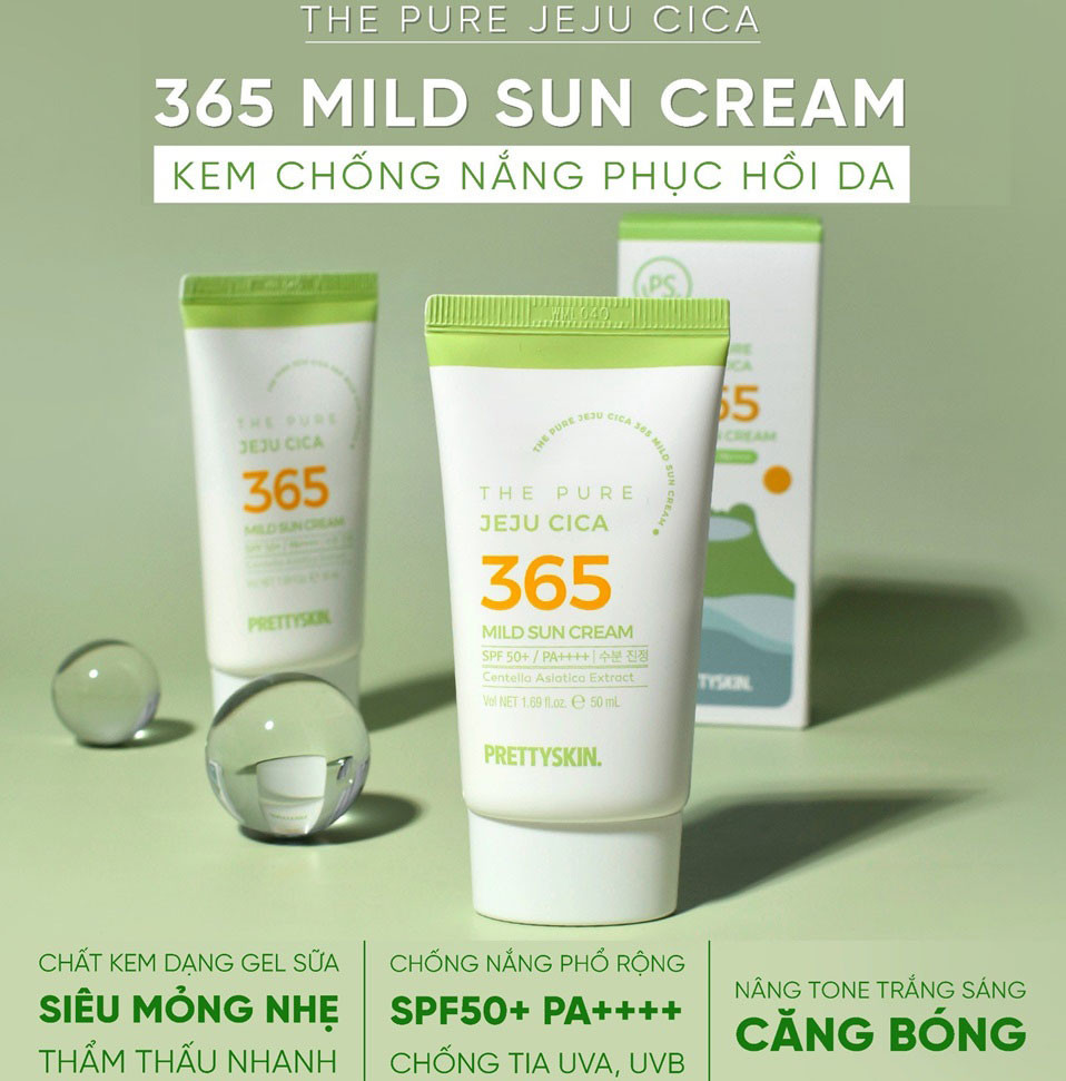 kem chống nắng rau má Pretty Skin The Pure Jeju Cica 365 Mild Sun Cream