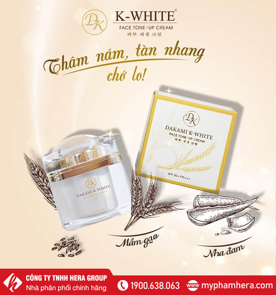 Kem Dakami K-White SPF 50+ PA+++ giúp làm mờ các vết nám tàn nhang đốm nâu và sắc tố đen trên da Kem Dakami K-White SPF 50+ PA+++ giúp làm mờ các vết nám tàn nhang đốm nâu và sắc tố đen trên da