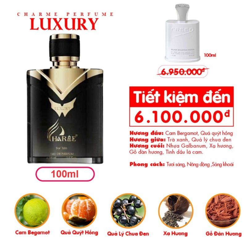 Charme Luxury là sản phẩm nước hoa dành cho nam của thương hiệu Charme Perfume Charme Luxury là sản phẩm nước hoa dành cho nam của thương hiệu Charme Perfume