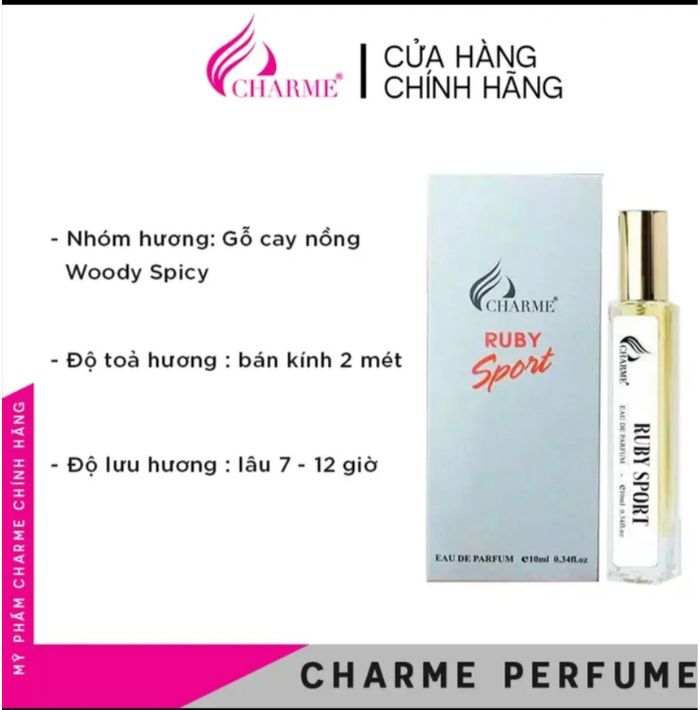 Nước hoa Charme Ruby Sport 10ml là phiên bản nước hoa mini của chai nước hoa Charme Ruby Sport 50ml Nước hoa Charme Ruby Sport 10ml là phiên bản nước hoa mini của chai nước hoa Charme Ruby Sport 50ml