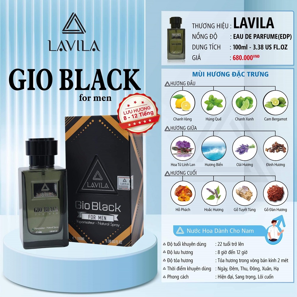 Nước hoa LAVILA Gio Black phong cách hiện đại, sang trọng, lôi cuốn 100ml Nước hoa LAVILA Gio Black phong cách hiện đại, sang trọng, lôi cuốn 100ml