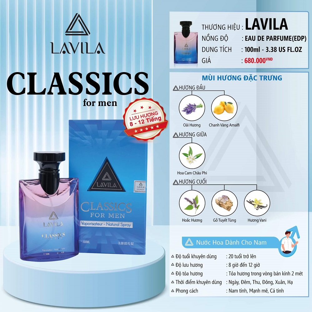 Nước hoa LAVILA Classics phong cách nam tính, mạnh mẽ, cá tính 100ml Nước hoa LAVILA Classics phong cách nam tính, mạnh mẽ, cá tính 100ml