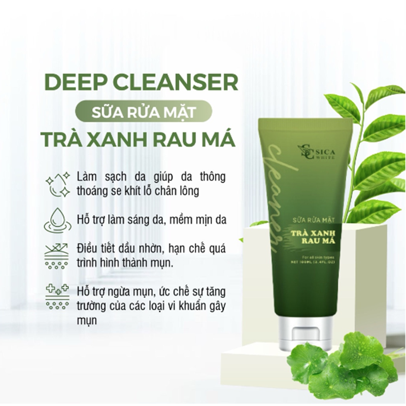Sữa Rửa Mặt Sica White Trà Xanh Rau Má Hỗ trợ ngăn ngừa mụn ức chế sự tăng trưởng của các loại vi khuẩn Sữa Rửa Mặt Sica White Trà Xanh Rau Má Hỗ trợ ngăn ngừa mụn ức chế sự tăng trưởng của các loại vi khuẩn