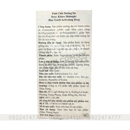 Serum Klairs Tinh Chất Dưỡng Làm Dịu, Phục Hồi Da Klairs Midnight Blue Youth Activating Drop 20ml Serum Klairs Tinh Chất Dưỡng Làm Dịu, Phục Hồi Da Klairs Midnight Blue Youth Activating Drop 20ml