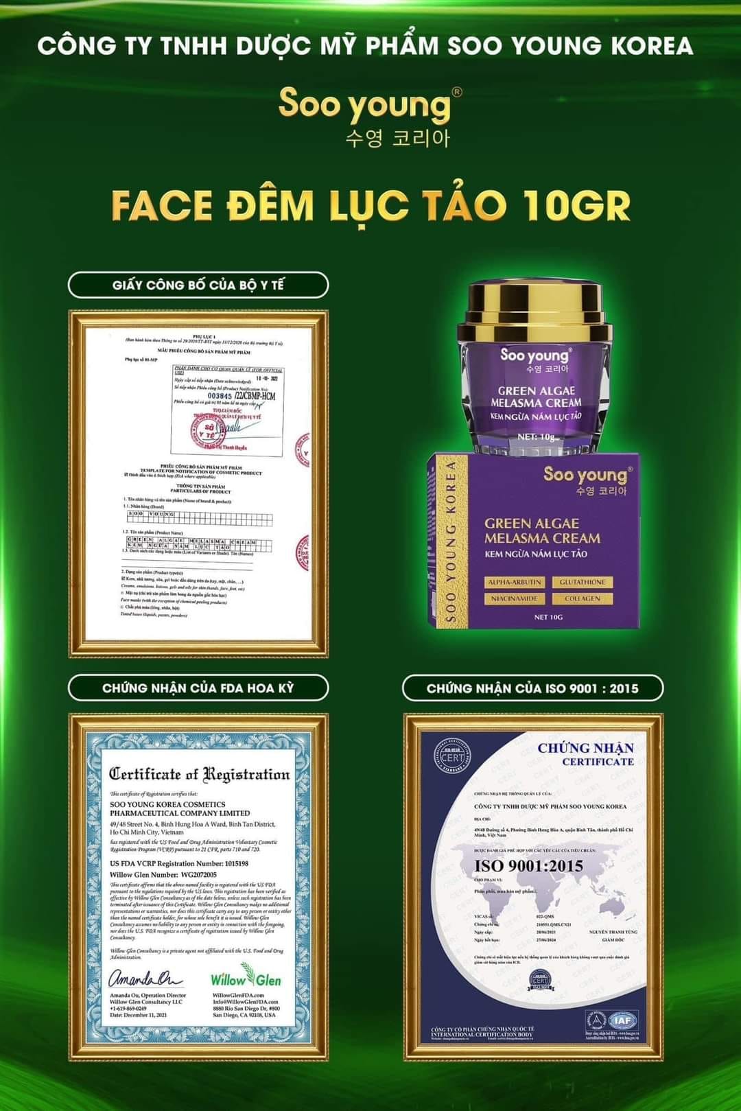 Kem Face Tím mini hỗ trợ Giảm Nám Soo Young Mini Green Algae Melasma Cream 10g Phá vỡ rào cản Xóa mờ sạm nám