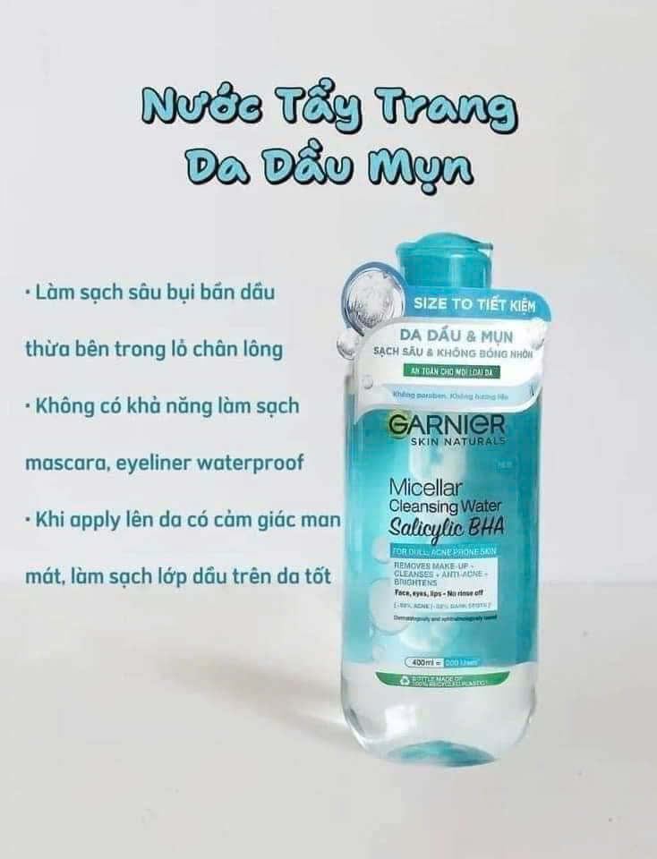 Nước Tẩy Trang Garnier Nắp Xanh Micellar Cleansing Water Salicylic BHA Dành Cho Da Dầu Mụn Nước Tẩy Trang Garnier Nắp Xanh Micellar Cleansing Water Salicylic BHA Dành Cho Da Dầu Mụn