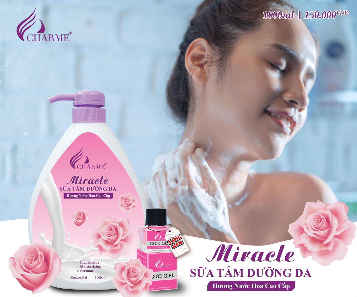 Sữa tắm nước hoa Charme Miracle 1000ml hương Hoa Hồng Sữa tắm nước hoa Charme Miracle 1000ml hương Hoa Hồng