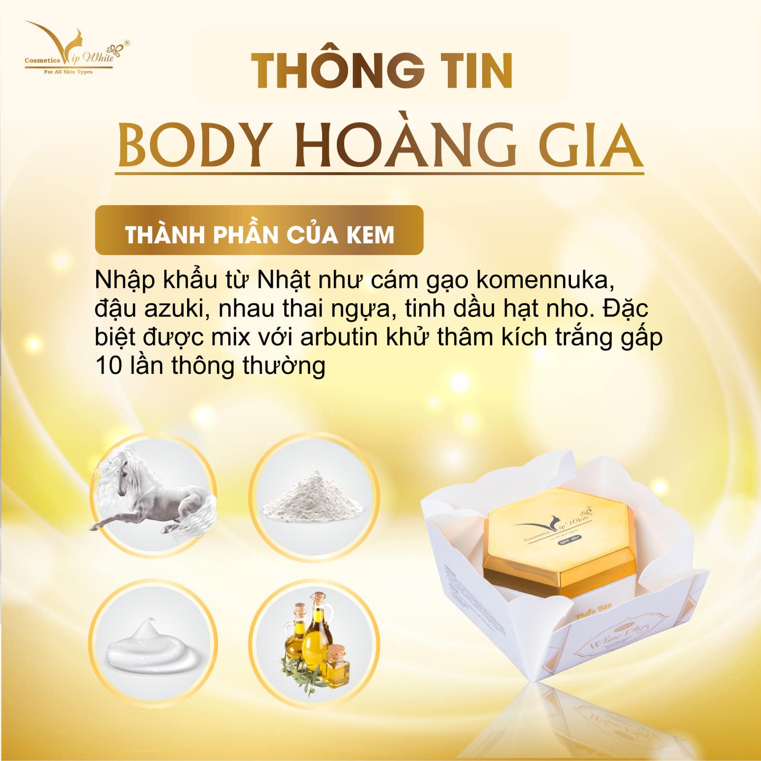 Kem Body Hoàng Gia Vip White - Làn Da Đẹp Sang Chuẩn Quý Tộc Kem Body Hoàng Gia Vip White - Làn Da Đẹp Sang Chuẩn Quý Tộc