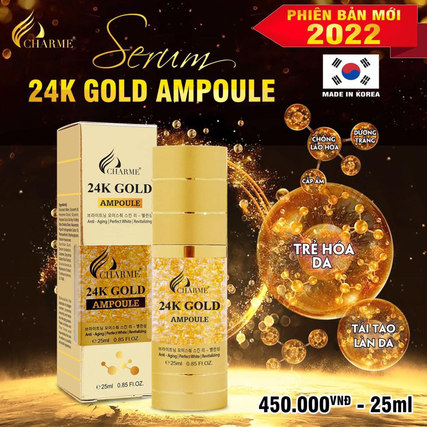 Biến đổi làn da cùng với serum 24k Gold Ampoule Charme Biến đổi làn da cùng với serum 24k Gold Ampoule Charme