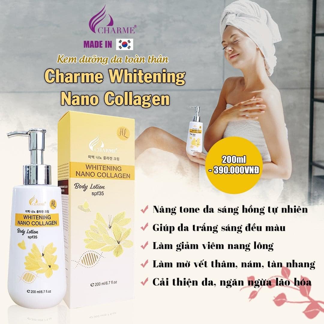 Kem dưỡng da toàn thân Charme Whitening Nano Collagen giúp làn da đẹp chuẩn hàn Kem dưỡng da toàn thân Charme Whitening Nano Collagen giúp làn da đẹp chuẩn hàn