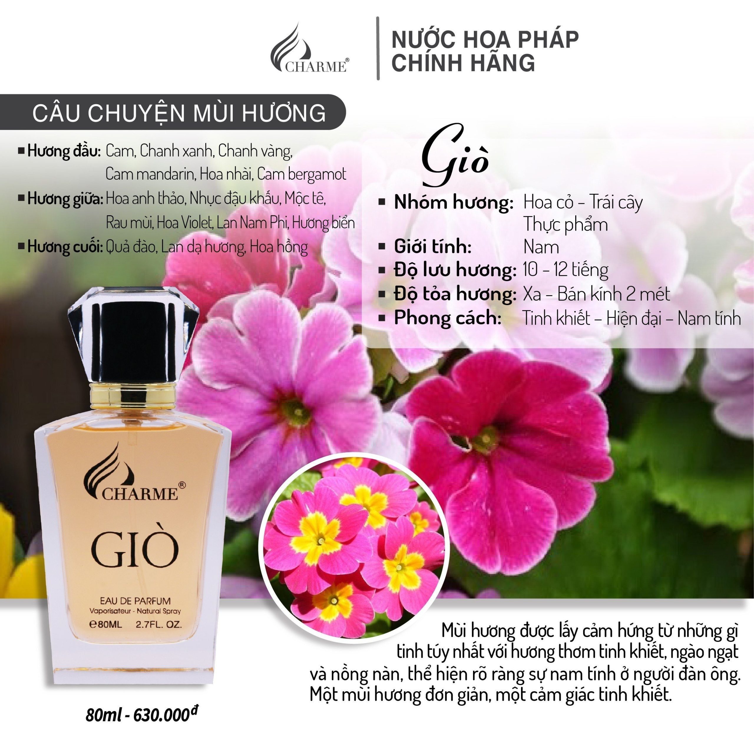 Charme Giò hương thơm nồng nàn của mùi gỗ thoáng mát của gió biển sâu lắng dịu ngọt của cỏ cây hoa trái