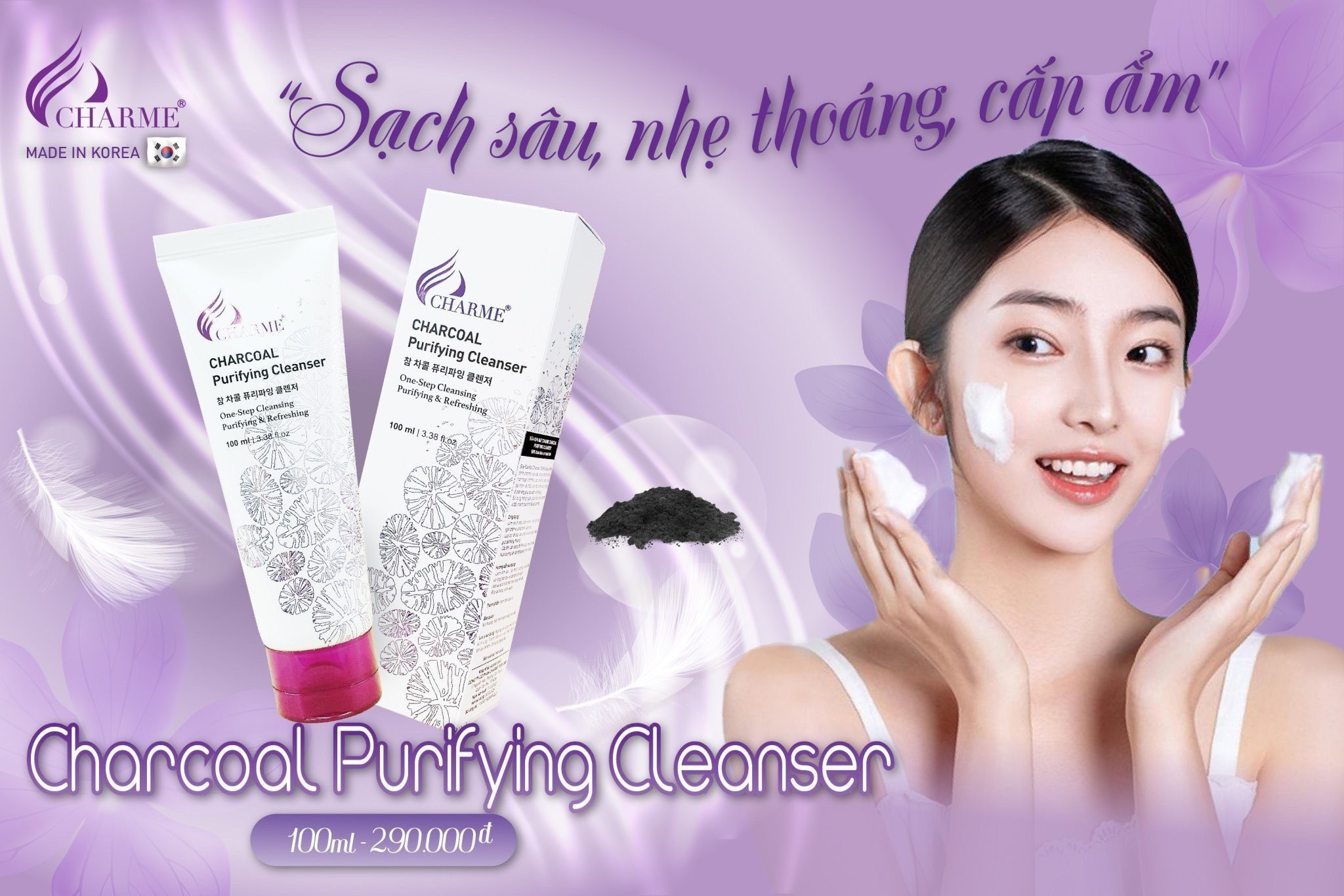 Làm sạch gấp 3 lần với sữa rửa mặt than hoạt tính Charme Charcoal