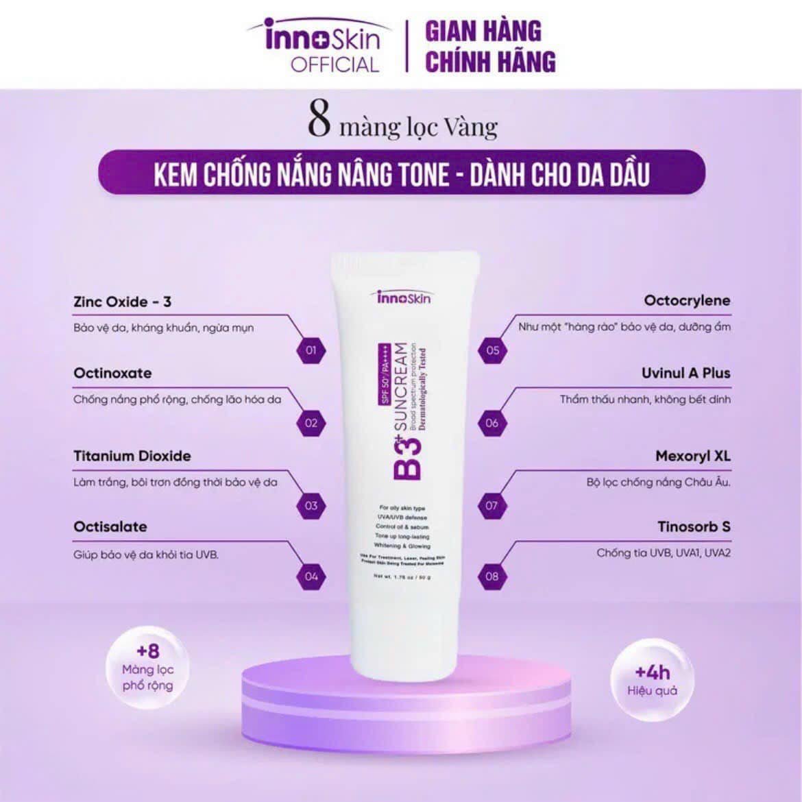 Chống Nắng Phổ Rộng nâng tone Innoskin B3 Tím Suncream SPF50+ PA++++ 50ml dành cho da dầu mụn Chống Nắng Phổ Rộng nâng tone Innoskin B3 Tím Suncream SPF50+ PA++++ 50ml dành cho da dầu mụn