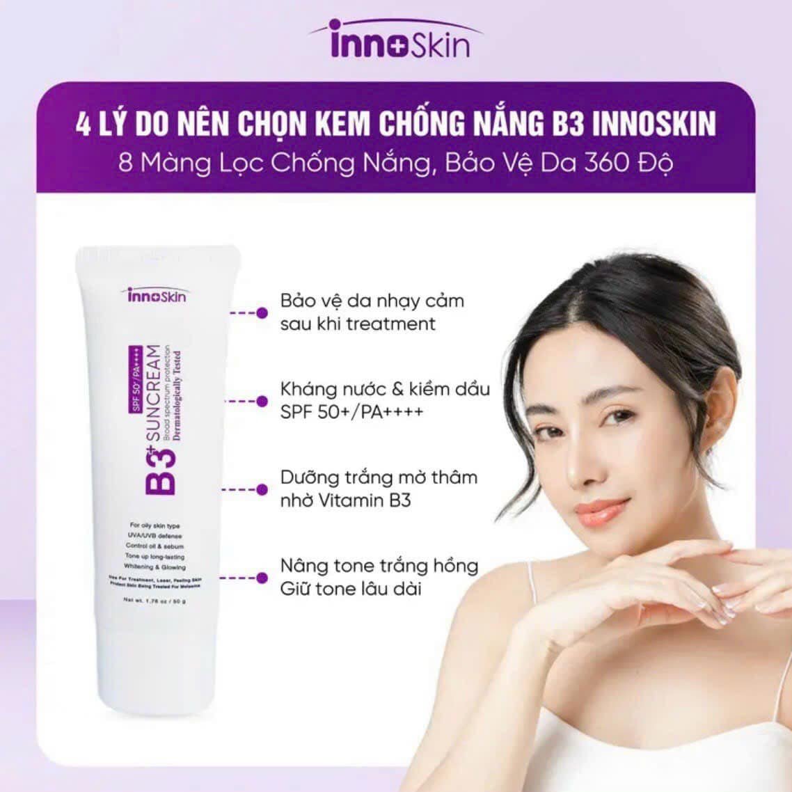 Chống Nắng Phổ Rộng nâng tone Innoskin B3 Tím Suncream SPF50+ PA++++ 50ml dành cho da dầu mụn