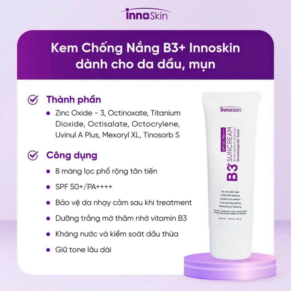 Chống Nắng Phổ Rộng nâng tone Innoskin B3 Tím Suncream SPF50+ PA++++ 50ml dành cho da dầu mụn Chống Nắng Phổ Rộng nâng tone Innoskin B3 Tím Suncream SPF50+ PA++++ 50ml dành cho da dầu mụn