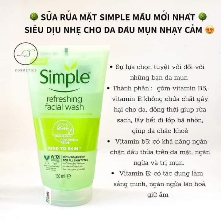 Sữa rửa Mặt Simple Mẫu Mới Sữa rửa mặt Simple Gel siêu Diệu nhẹ cho da dầu mụn nhạy cảm
