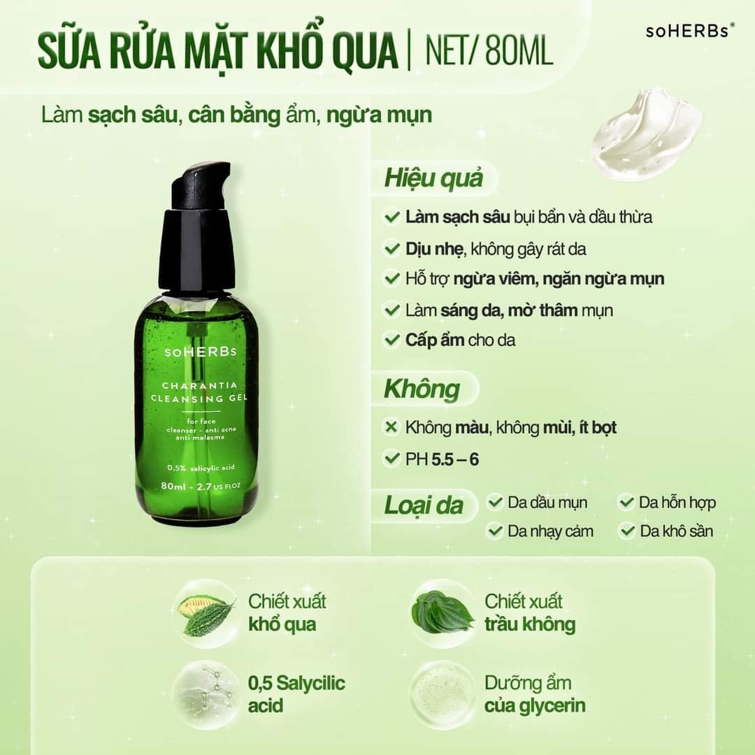 Sữa Rửa Mặt Khổ Qua Soherbs Charantia Cleansing Gel sạc sâu nuôi dưỡng da khoẻ mạnh