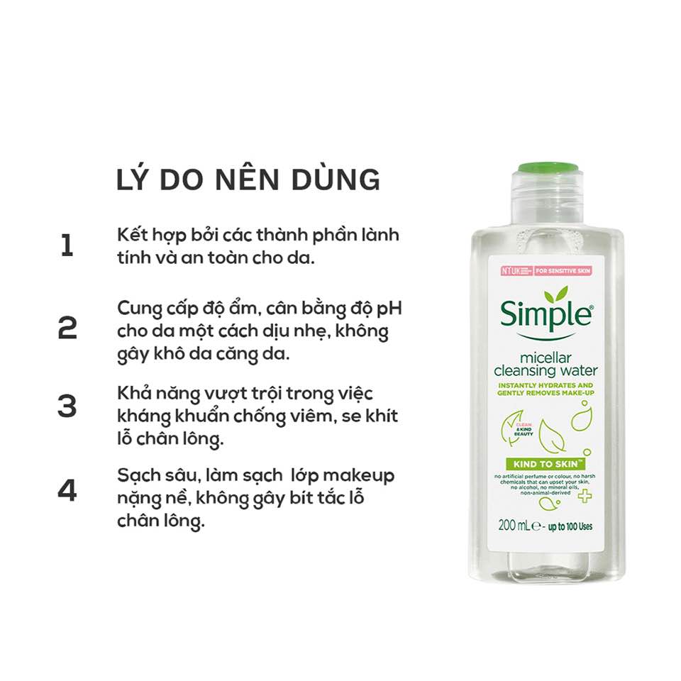 Nước Tẩy Trang Simple Kind To Skin Micellar Cleansing Water là sản phẩm tẩy trang dành cho da mặt Nước Tẩy Trang Simple Kind To Skin Micellar Cleansing Water là sản phẩm tẩy trang dành cho da mặt