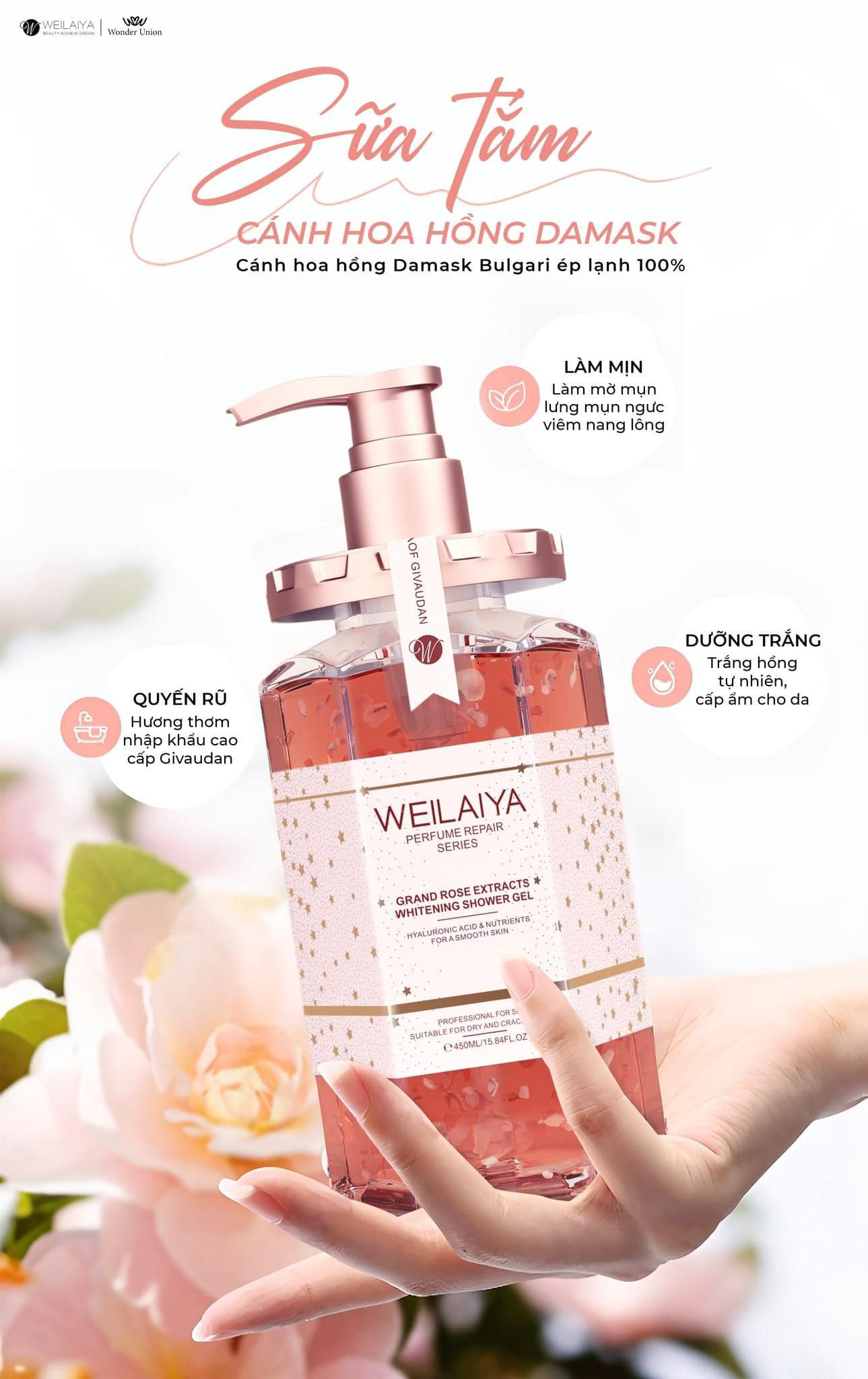 Sữa Tắm Trắng Da Cánh Hoa Hồng Weilaiya Damask đặc biệt quyến rũ sang chảnh Sữa Tắm Trắng Da Cánh Hoa Hồng Weilaiya Damask đặc biệt quyến rũ sang chảnh