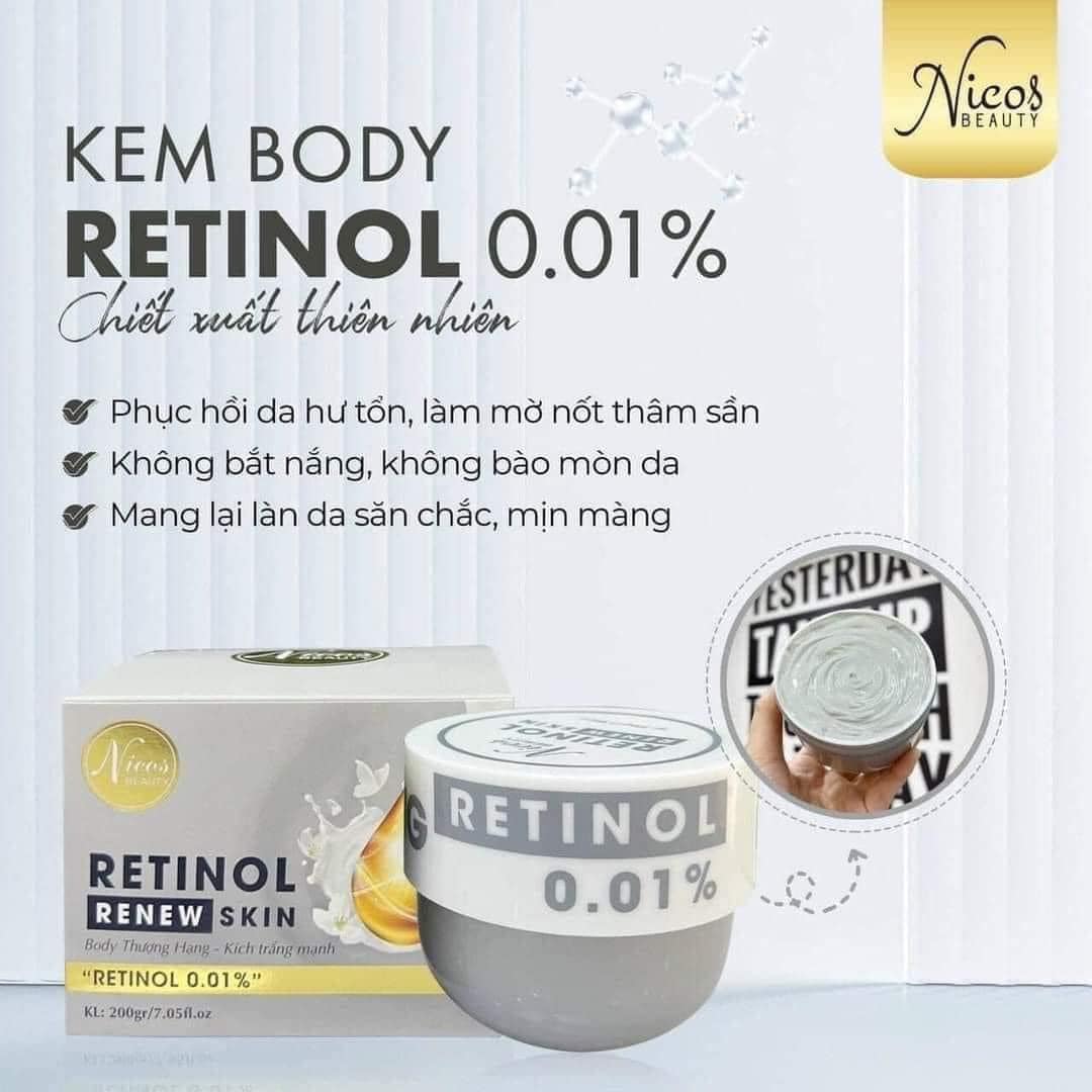 Kem Body Kích Trắng Mạnh Nicos Beauty Retinol Renew Skin 0.01% 200g Dưỡng Trắng Giảm Mụn Se Khít Lỗ Chân Lông Kem Body Kích Trắng Mạnh Nicos Beauty Retinol Renew Skin 0.01% 200g Dưỡng Trắng Giảm Mụn Se Khít Lỗ Chân Lông