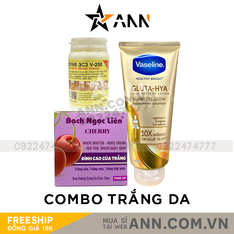 Combo bao gồm 1 Body bạch ngọc liên cherry + 1 vaseline vàng + 1 kích trắng V250 Combo bao gồm 1 Body bạch ngọc liên cherry + 1 vaseline vàng + 1 kích trắng V250