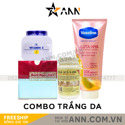 Combo Trắng Da Bạch Ngọc Liên Xanh + Vitamin E Thái + Kích Trắng V250 + Vaseline Hồng Gluta hya 10x Combo Trắng Da Bạch Ngọc Liên Xanh + Vitamin E Thái + Kích Trắng V250 + Vaseline Hồng Gluta hya 10x