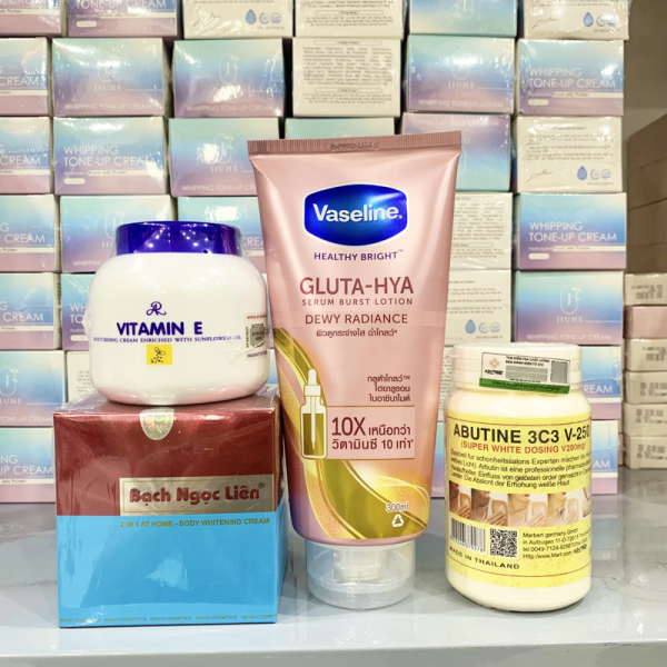 Combo Trắng Da Bạch Ngọc Liên Xanh + Vitamin E Thái + Kích Trắng V250 + Vaseline Hồng Gluta hya 10x Combo Trắng Da Bạch Ngọc Liên Xanh + Vitamin E Thái + Kích Trắng V250 + Vaseline Hồng Gluta hya 10x