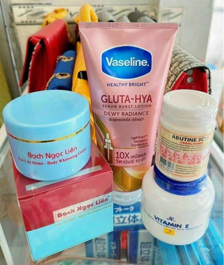 Combo Trắng Da Bạch Ngọc Liên Xanh + Vitamin E Thái + Kích Trắng V250 + Vaseline Hồng Gluta hya 10x Combo Trắng Da Bạch Ngọc Liên Xanh + Vitamin E Thái + Kích Trắng V250 + Vaseline Hồng Gluta hya 10x