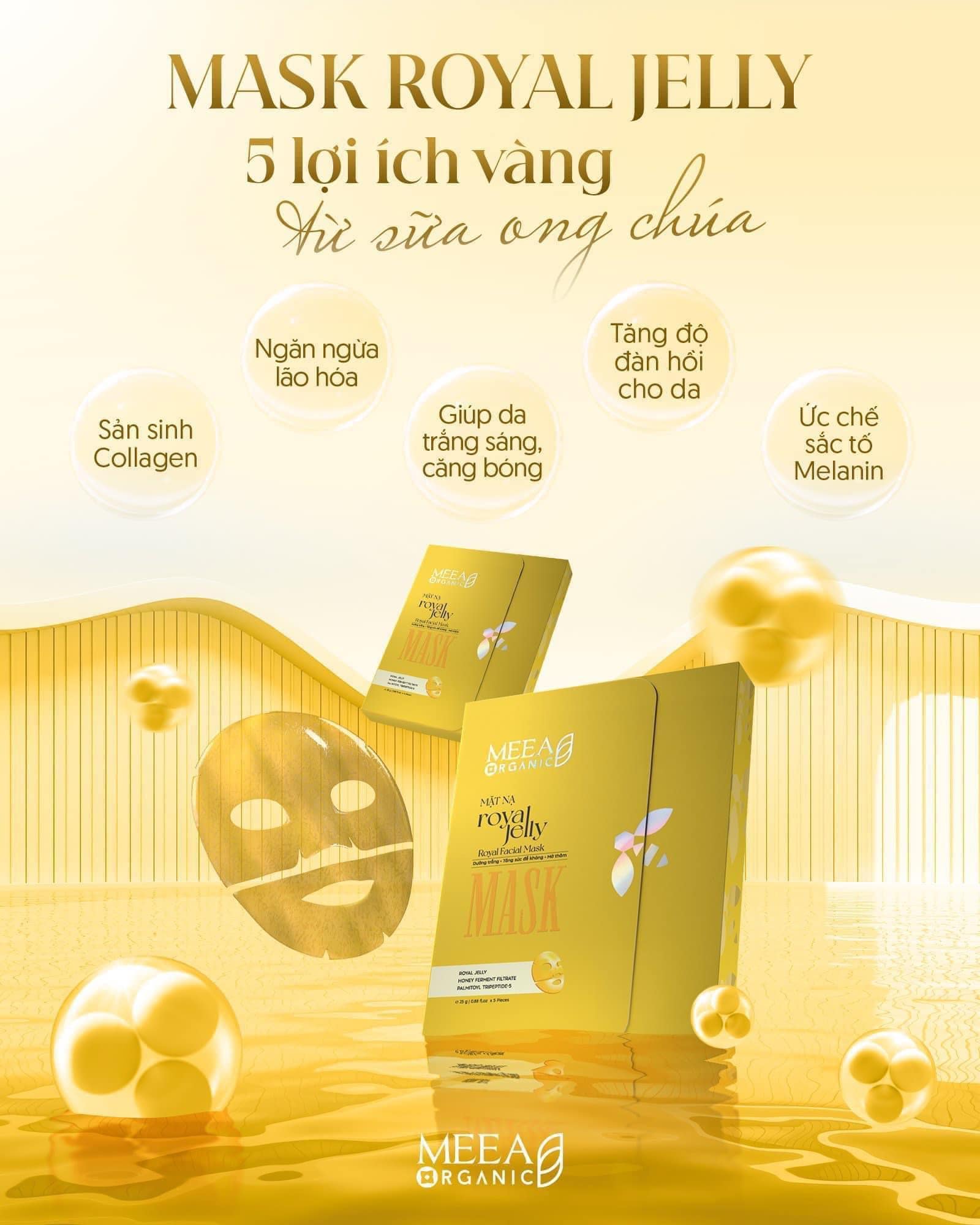 Mặt Nạ Thạch Collagen Meea Organic Màu Vàng Royal Jelly Mask Hộp 5 Miếng