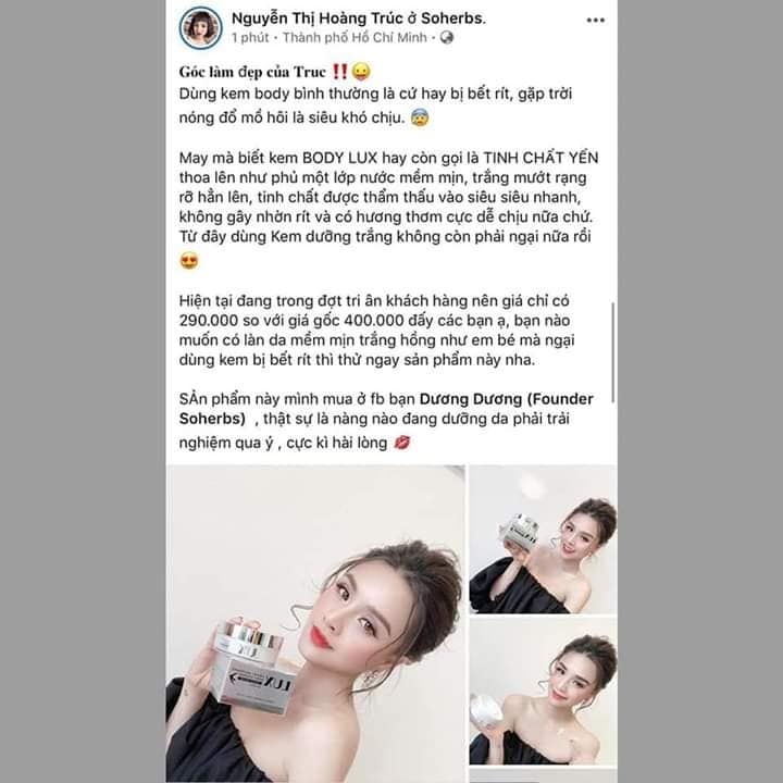 Hotgirl Hoàng Trúc (shop quần áo lớn Song Truc ở Bình Dương) cũng tin dùng Kem Body Lux